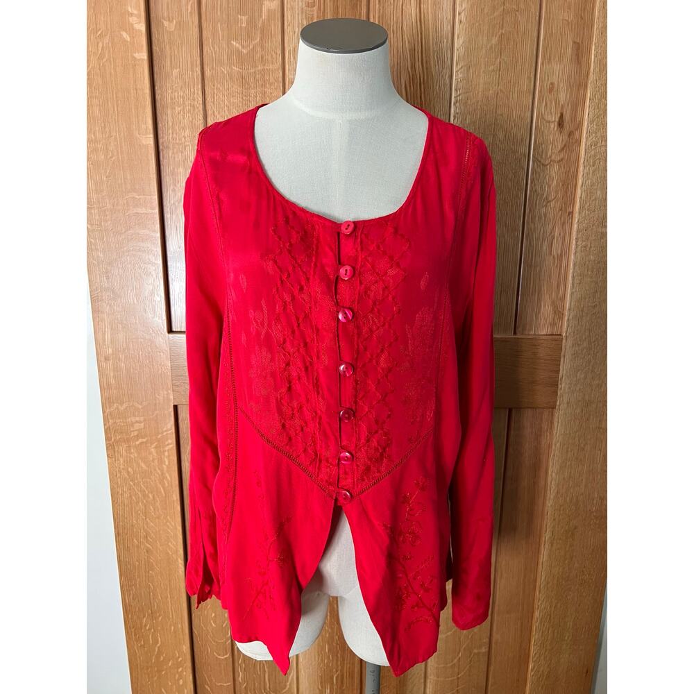 Antthony Design Originals Womens Red Embroidered Button Down Blouse Size Large